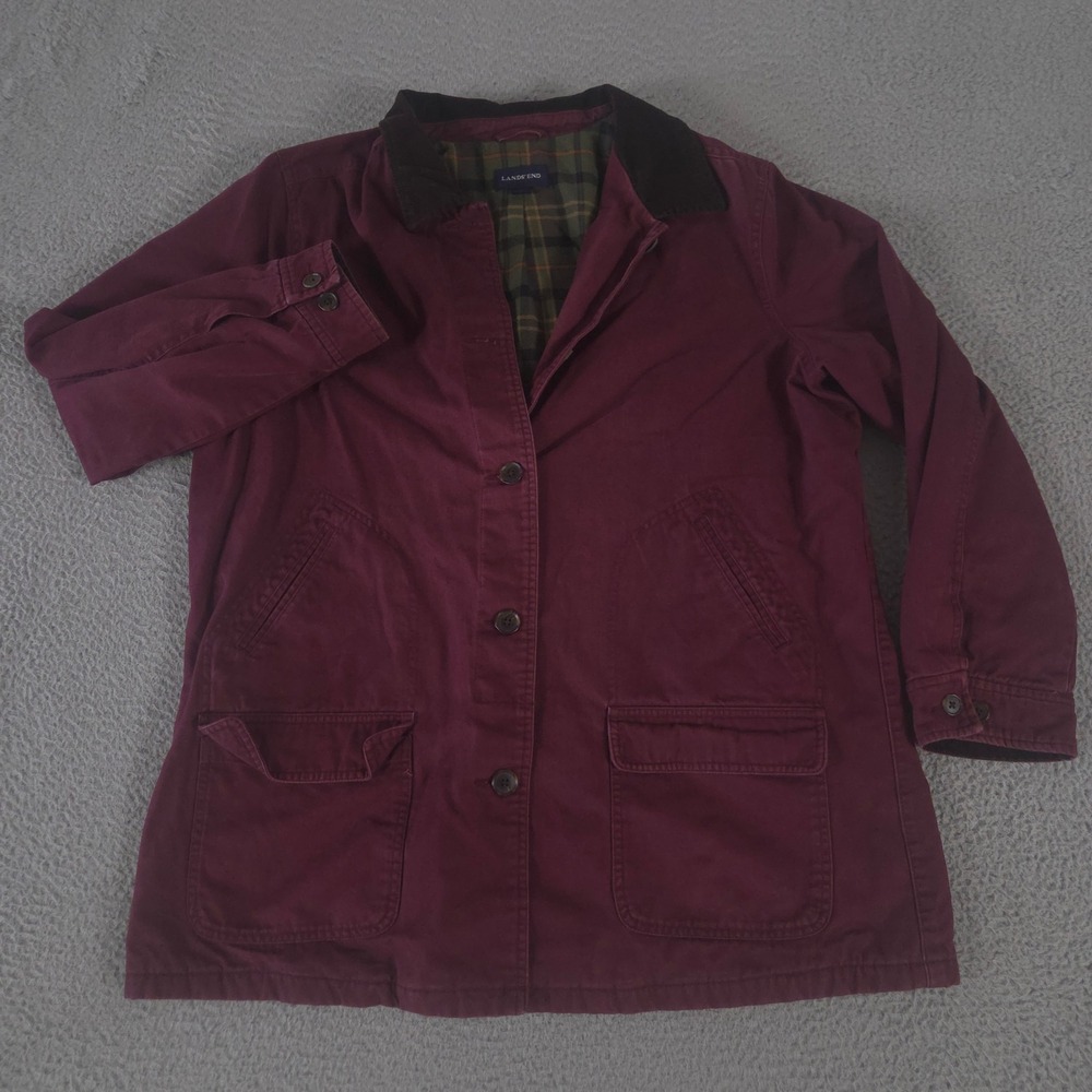 VINTAGE Lands' End Jacket Womens XL Burgundy Barn Chore Coat Cotton Canvas Y2K